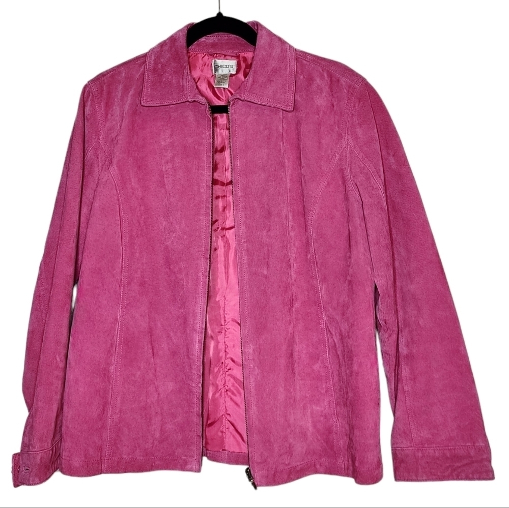 Chico's Genuine Suede Leather Pink Zip Collared  Jacket Chico's 1 Size Medium